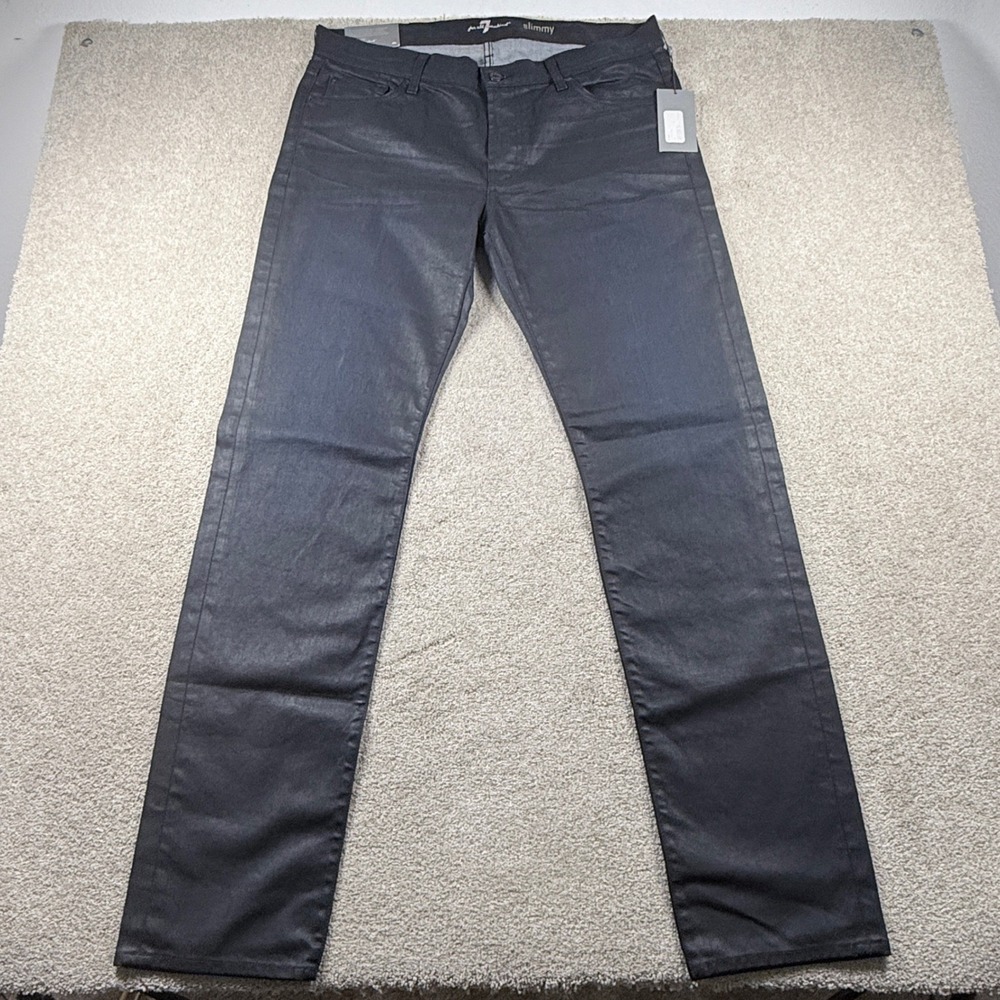 7 For All Mankind Slimmy Jeans Mens 38 Black New Coated Slim Straight ATA511103A